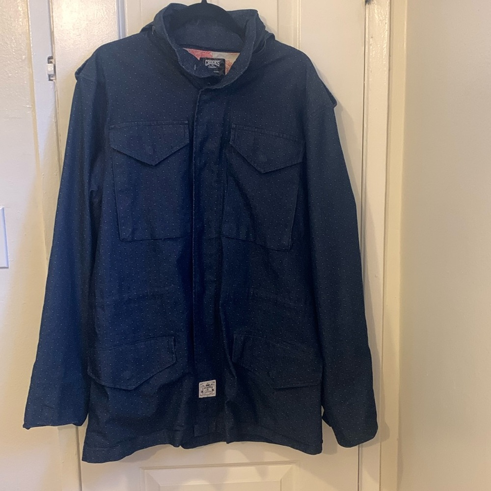 Crooks & Castles Mens Parkas Army Style Denim Polkadot Blue Jacket
Size L